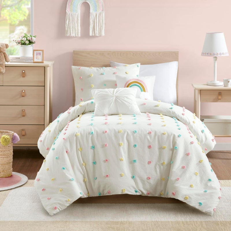 Intelligent Design Kids Duvet Cotton Jacquard Weave Colorful Poms Accent, Shabby Chic Cover for Comforter Cozy Bedding Set, Matching Shams, Decorative Pillows, Twin/Twin XL, Ivory, 4 Piece - Image 1